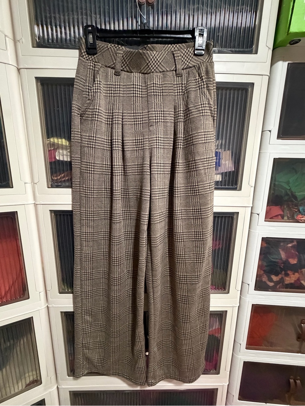 HALARA Brown Plaid High-Waist Wide-Leg Pants. Small regular